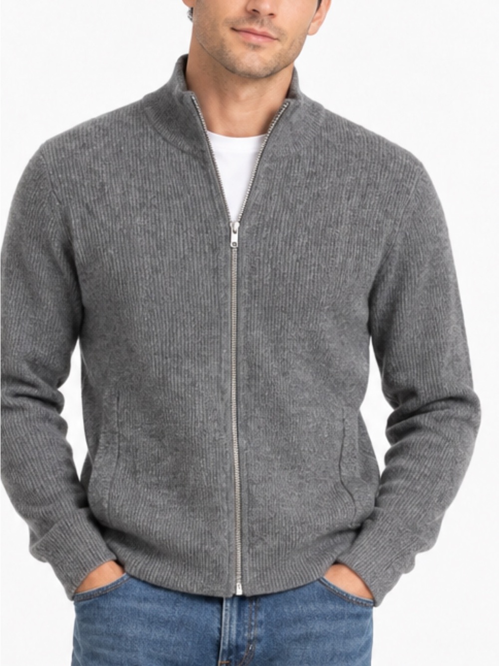 Magaschoni Man 100% Cashmere Zip Up Heather Grey Sweater Like New Size Medium